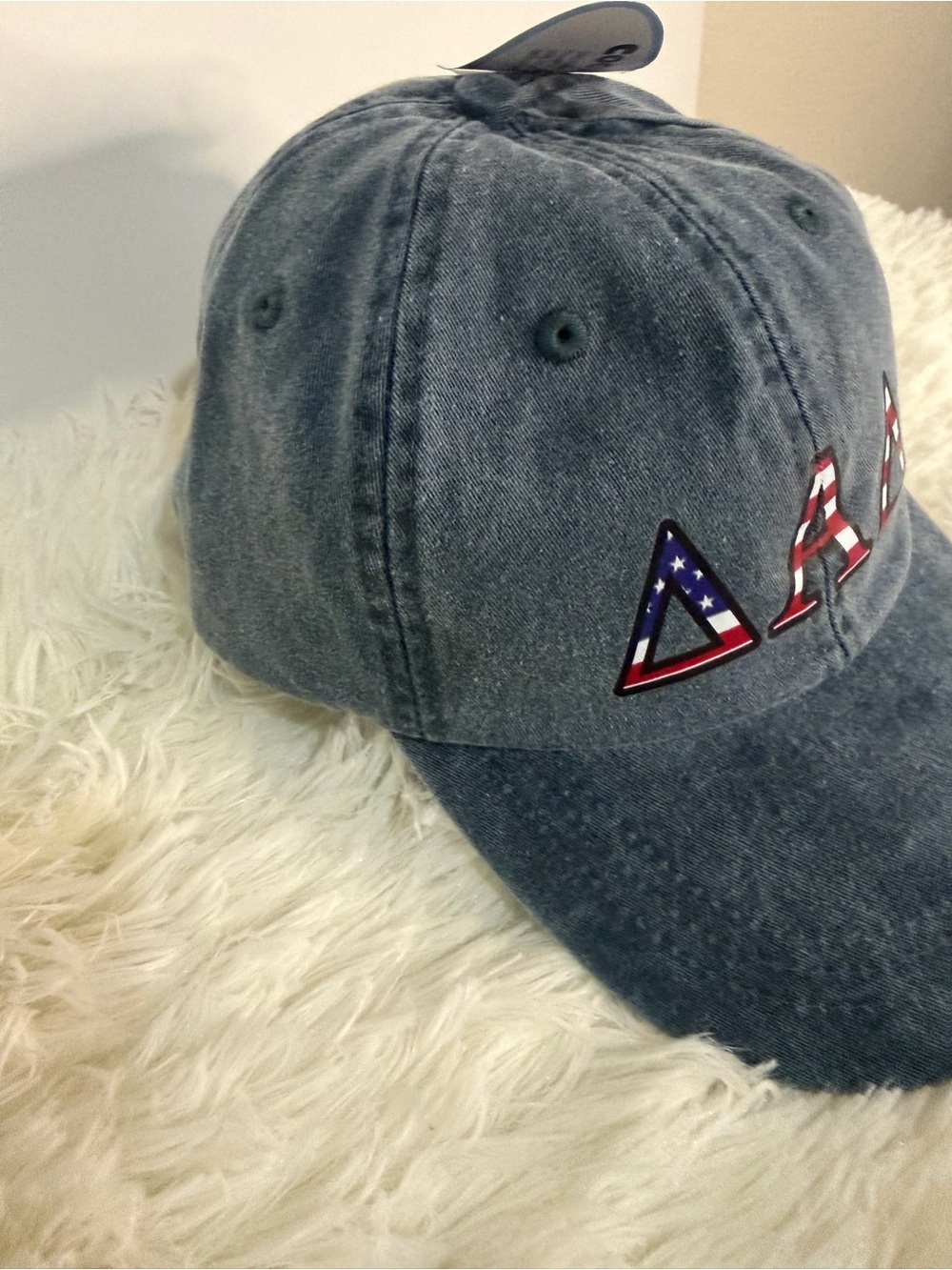 Adams Blue Washed Denim Baseball Cap with American Flag Lettering